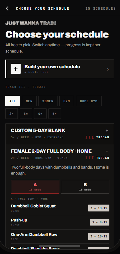 Choosing a schedule, with filters for days per week, equipment and who it is written for